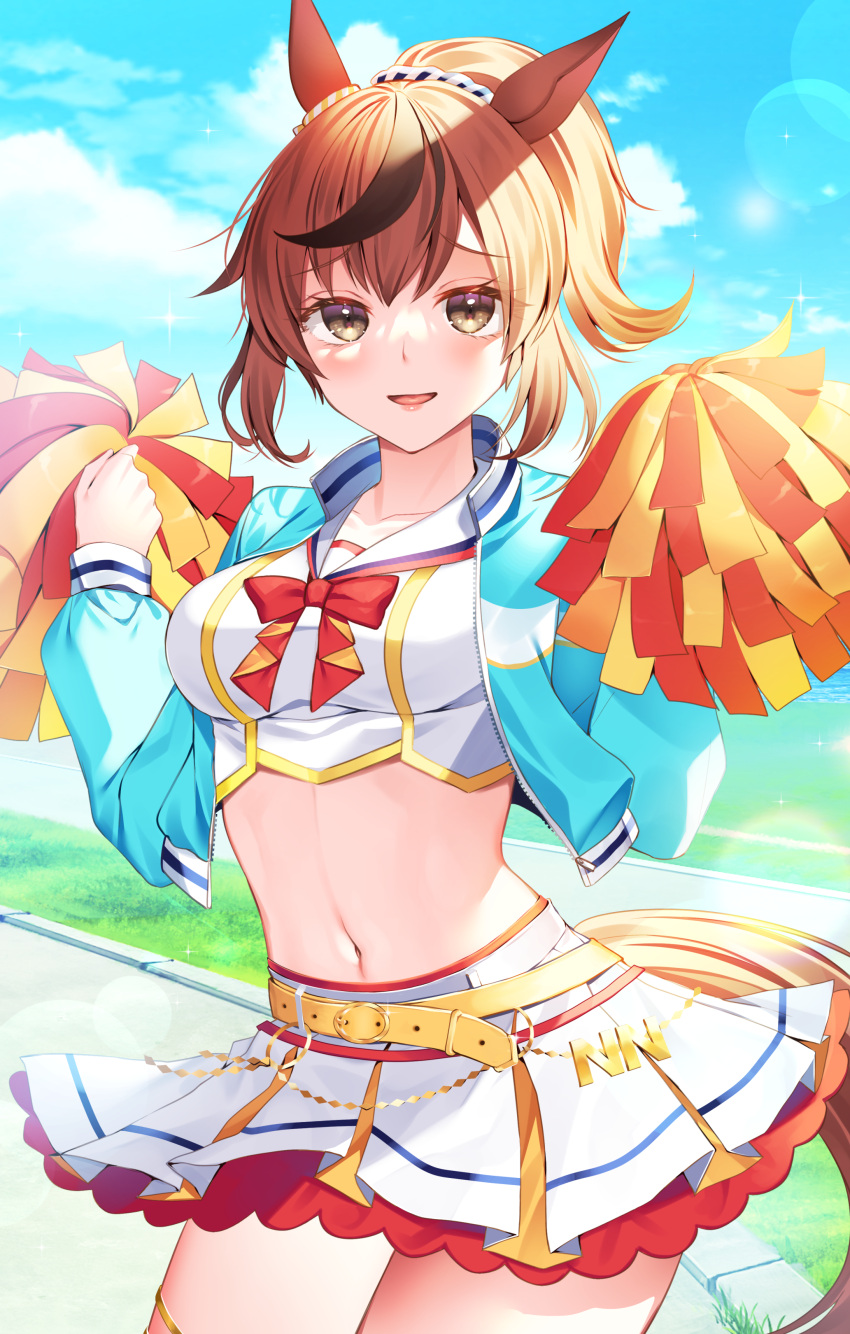 1girl absurdres animal_ears aqua_jacket belt blush breasts brown_eyes brown_hair cheering cheerleader collarbone cowboy_shot crop_top cropped_jacket eyebrows_visible_through_hair gold_trim hair_between_eyes highres holding holding_pom_poms horse_ears horse_girl horse_tail jacket kaede_(mmkeyy) long_sleeves medium_breasts midriff miniskirt navel nice_nature_(umamusume) open_clothes open_jacket open_mouth pleated_skirt pom_pom_(cheerleading) ponytail redhead shirt short_hair skirt smile solo tail thighs umamusume white_shirt white_skirt