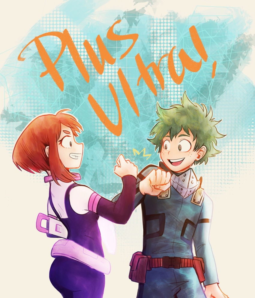 1boy 1girl bodysuit boku_no_hero_academia brown_eyes brown_hair couple fist_bump freckles friends green_bodysuit green_hair hetero highres midoriya_izuku smile tagme uraraka_ochako