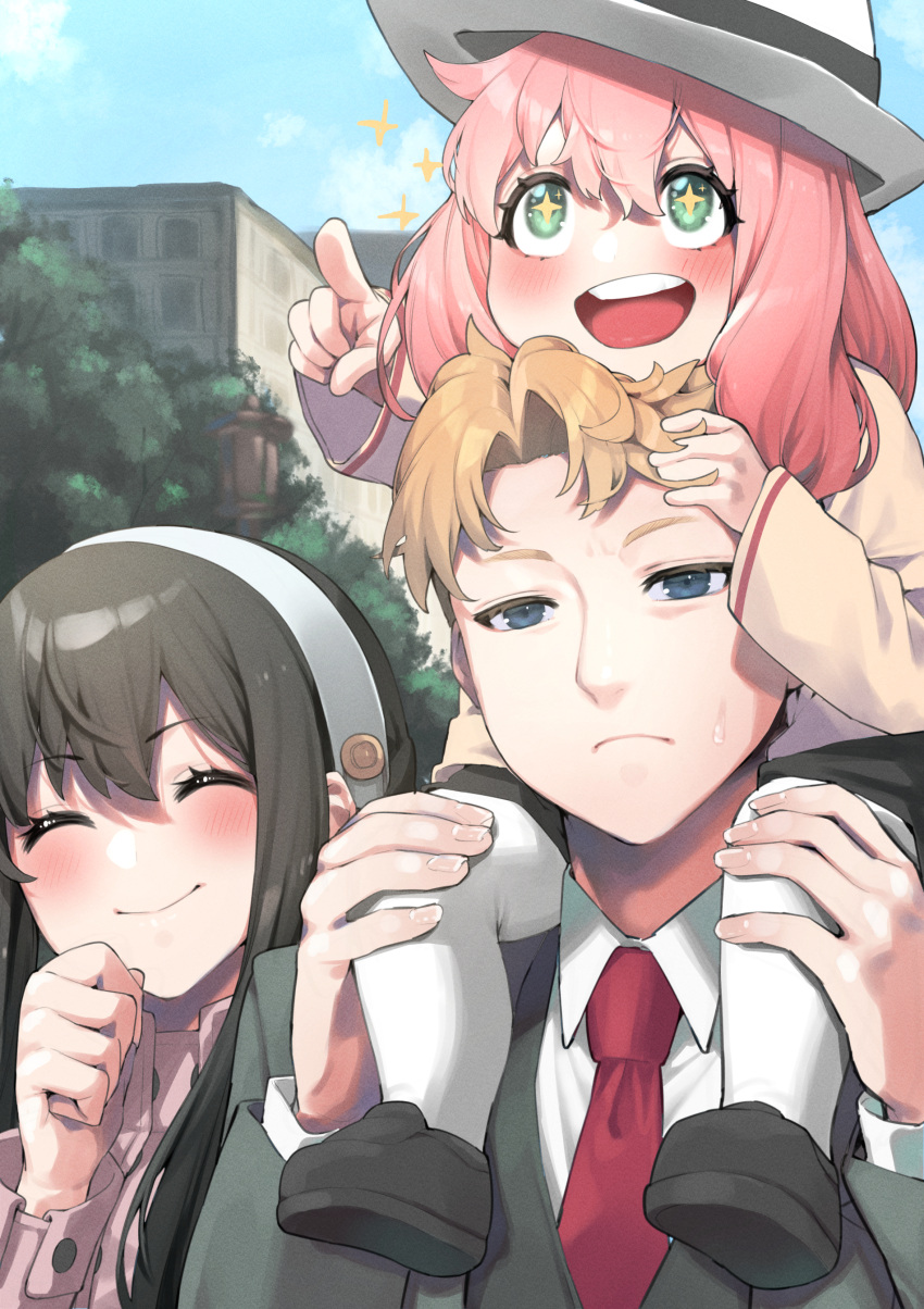 1boy 2girls ^_^ absurdres anya_(spy_x_family) black_hair blue_sky blush business_suit carrying closed_eyes coat collared_shirt day family fedora formal green_eyes hairband half-closed_eyes hat highres mikan_(chipstar182) multiple_girls necktie open_mouth outdoors pantyhose pink_coat pink_hair pointing red_necktie shirt shoes sky smile sparkling_eyes spy_x_family suit sweatdrop tree twilight_(spy_x_family) upper_body white_legwear yor_briar