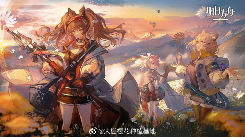 angelina_(arknights) animal_ears arknights bangs black_gloves brown_hair day eyebrows_visible_through_hair flower fox_ears full_body gloves hairband highres holding holding_staff jacket long_hair long_sleeves mountain multiple_girls myrrh_(arknights) neriash open_clothes outdoors red_eyes red_hairband shirt sky smile staff twintails utage_(arknights)