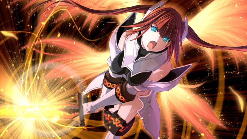 1girl armor bangs black_leotard blue_eyes breasts breasts_apart briganty_(verethragna_seisen_no_duelist) detached_sleeves eyebrows_visible_through_hair faulds floating_hair game_cg holding holding_sword holding_weapon leotard long_hair long_sleeves m&amp;m medium_breasts open_mouth redhead solo sword twintails verethragna_seisen_no_duelist very_long_hair weapon white_sleeves
