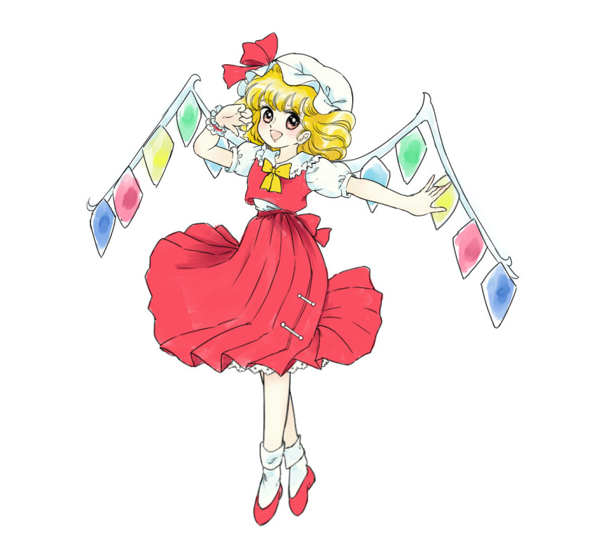 1980s_(style) blonde_hair bloomers bow bowtie commentary_request crystal flandre_scarlet frilled_shirt_collar frills hat hat_ribbon mob_cap orange_eyes puffy_short_sleeves puffy_sleeves red_footwear red_ribbon red_skirt red_vest retro_artstyle ribbon shirt short_hair short_sleeves simple_background skirt socks takemoto_izumi_(style) touhou underwear vest white_background white_headwear white_legwear white_shirt wings wristband yellow_bow yellow_bowtie z67y97t87gyihy
