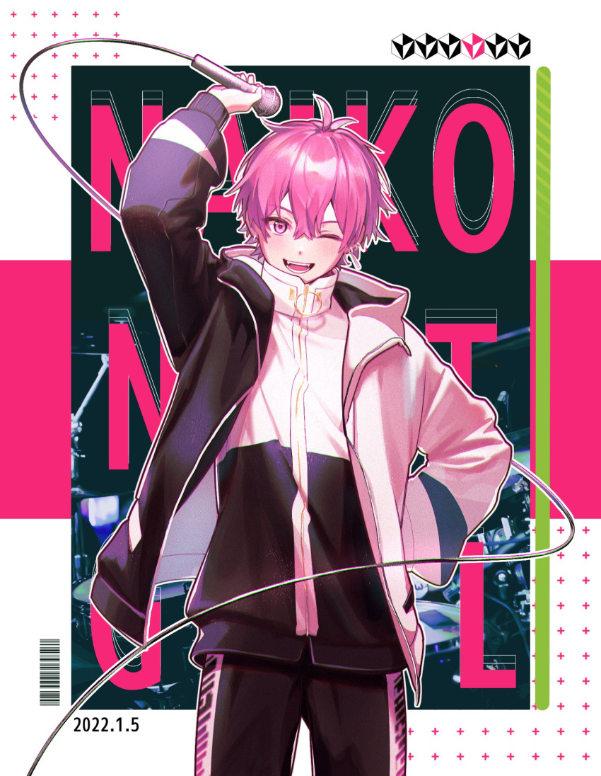 1boy character_name dated highres ireisu jacket long_sleeves male_focus microphone multicolored_background naiko_(ireisu) one_eye_closed open_mouth pants pi_pa pink_eyes pink_hair short_hair smile solo sweatpants
