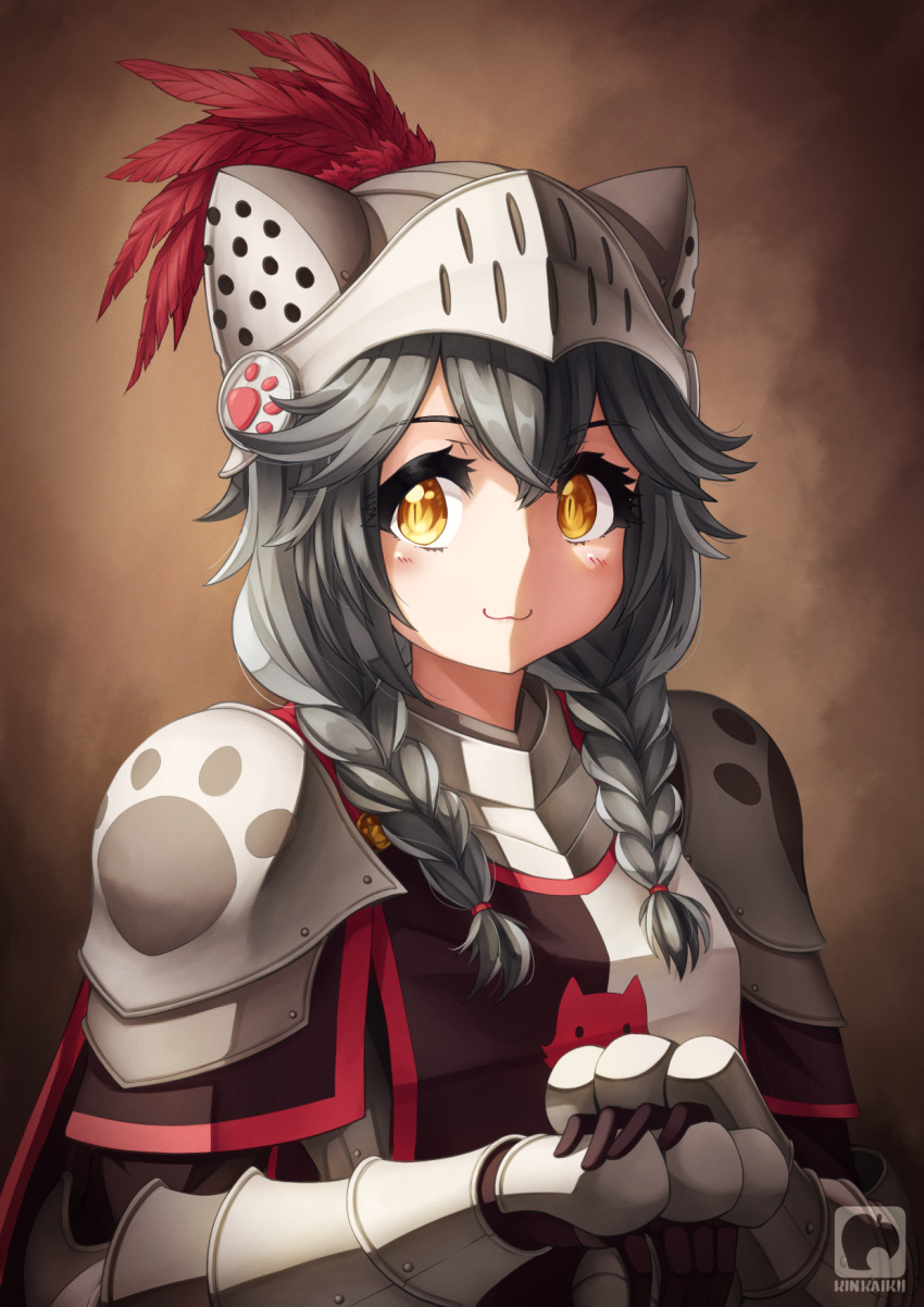 1girl :3 animal_ears_helmet armor artist_name bangs banned_artist blush braid breastplate brown_background commentary_request feathers gauntlets grey_hair hair_between_eyes helmet highres kinkaikii long_hair original own_hands_together pauldrons paw_print plume red_feathers shoulder_armor solo tabard twin_braids yellow_eyes