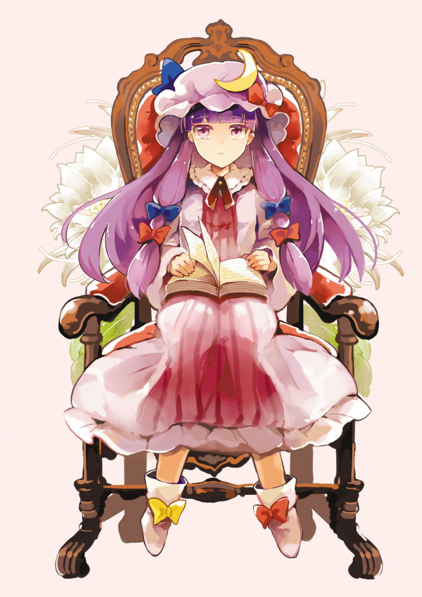 1girl :o azuma_aya bangs blue_bow blunt_bangs book bow chair collar crescent crescent_hat_ornament dress frilled_collar frills hair_bow hat hat_bow hat_ornament highres long_hair long_sleeves mob_cap official_art patchouli_knowledge purple_dress purple_hair purple_headwear red_bow ribbon-trimmed_collar ribbon_trim sitting solo strange_creators_of_outer_world striped striped_dress third-party_source touhou vertical-striped_dress vertical_stripes violet_eyes white_footwear yellow_bow