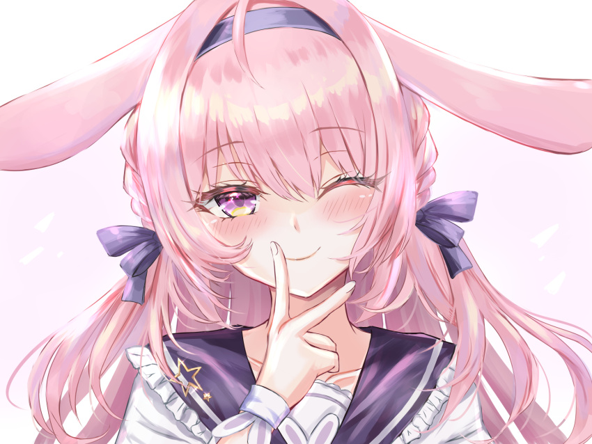 1girl ;) animal_ears bangs blush bow braid closed_mouth collarbone commentary_request copyright_request eyebrows_visible_through_hair frilled_sailor_collar frills habu_rin hair_between_eyes hair_bow hairband hand_up highres long_hair looking_at_viewer one_eye_closed pink_hair purple_background purple_bow purple_hairband purple_sailor_collar rabbit_ears sailor_collar shirt smile solo upper_body violet_eyes virtual_youtuber white_shirt