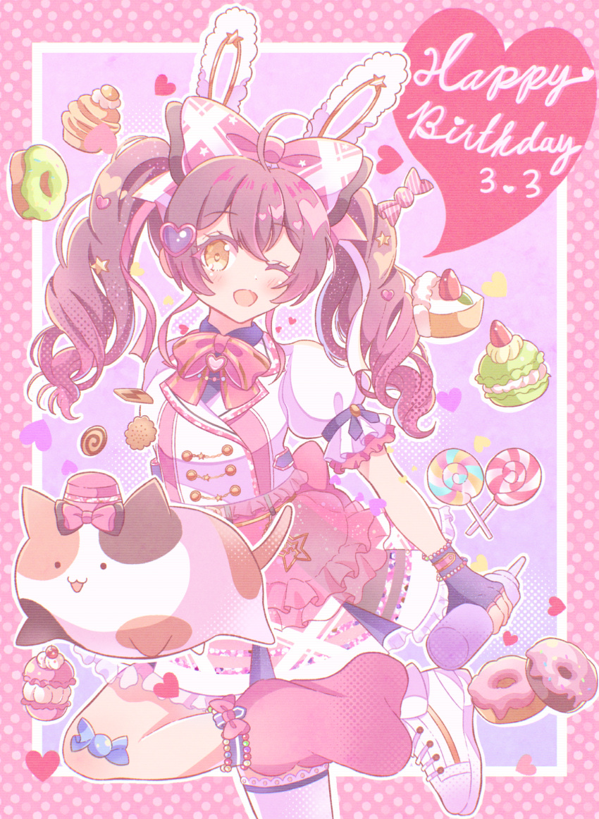 1girl animal_ears bottle bow brown_hair cake cake_slice candy cat d4dj dated doughnut eyebrows_visible_through_hair fake_animal_ears food gradient_hair hair_bow happy_birthday heart highres holding holding_bottle jacket lollipop looking_at_viewer multicolored_hair nyochio_(d4dj) ohnaruto_muni pink_bow pink_hair pink_skirt rabbit_ears shoes skirt smile sneakers solo tube_socks twintails white_footwear white_jacket xion_(sasakishiorin065) yume_kawaii