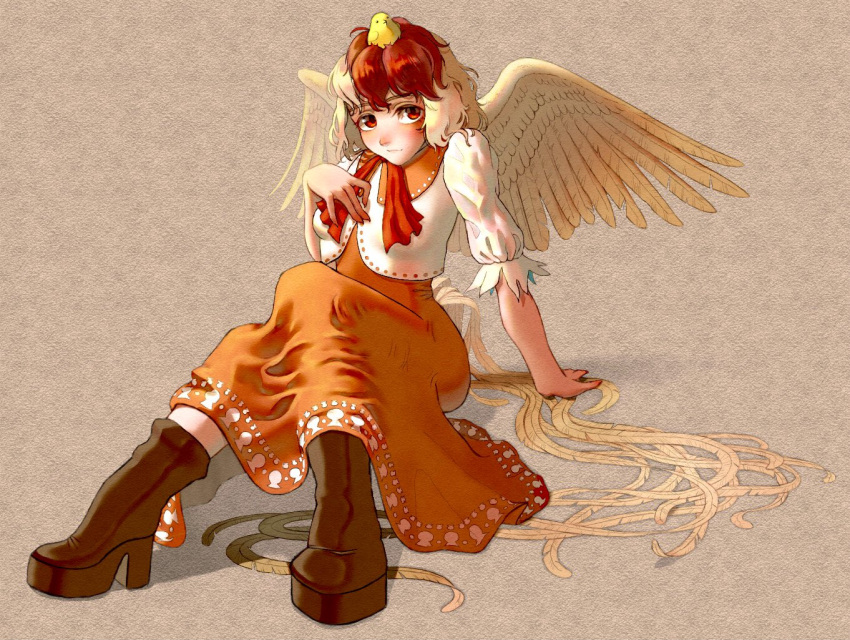 1girl animal_on_head arm_support bird bird_on_head bird_tail bird_wings blonde_hair blush boots breasts brown_footwear channel_ikihaji chick closed_mouth commentary_request dress hand_on_own_chest high_heel_boots high_heels multicolored_hair niwatari_kutaka on_head orange_dress redhead shirt sitting small_breasts tail tail_feathers touhou two-tone_hair white_shirt wings yellow_wings