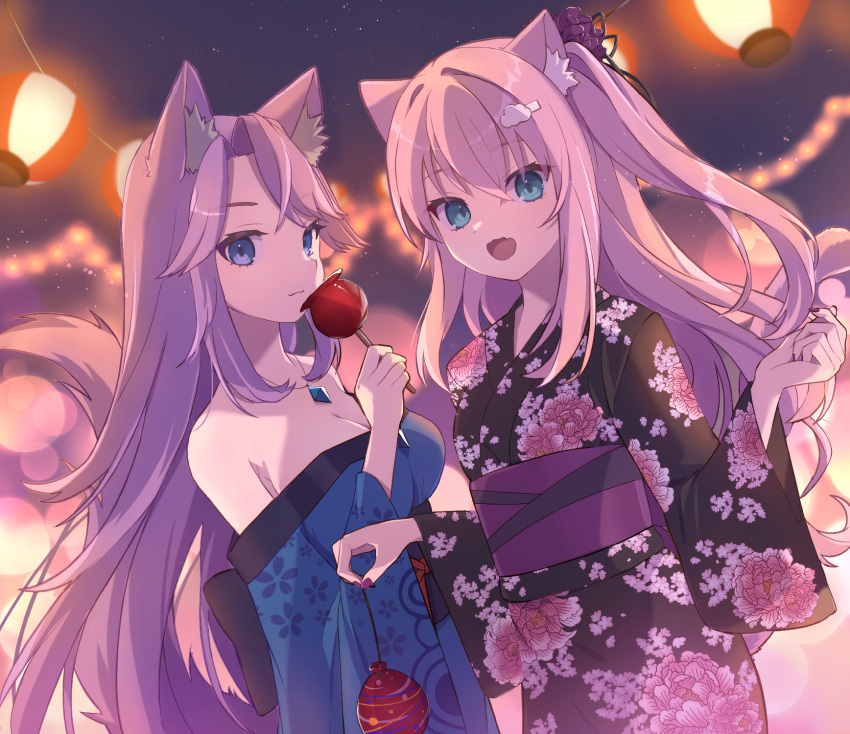 2girls :d animal_ear_fluff animal_ears bangs bare_shoulders black_kimono blue_eyes blue_kimono breasts candy_apple cat_ears cat_tail character_request cloud_hair_ornament commission eyebrows_visible_through_hair fang floral_print food hair_between_eyes highres holding holding_food indie_virtual_youtuber japanese_clothes jewelry kimono lantern large_breasts long_hair multiple_girls necklace night obi off-shoulder_kimono outdoors paper_lantern parted_bangs pink_hair sash sawara_(starligtvision) skeb_commission skin_fang smile summer_festival tail very_long_hair virtual_youtuber water_balloon wolf_ears wolf_girl wolf_tail yukata