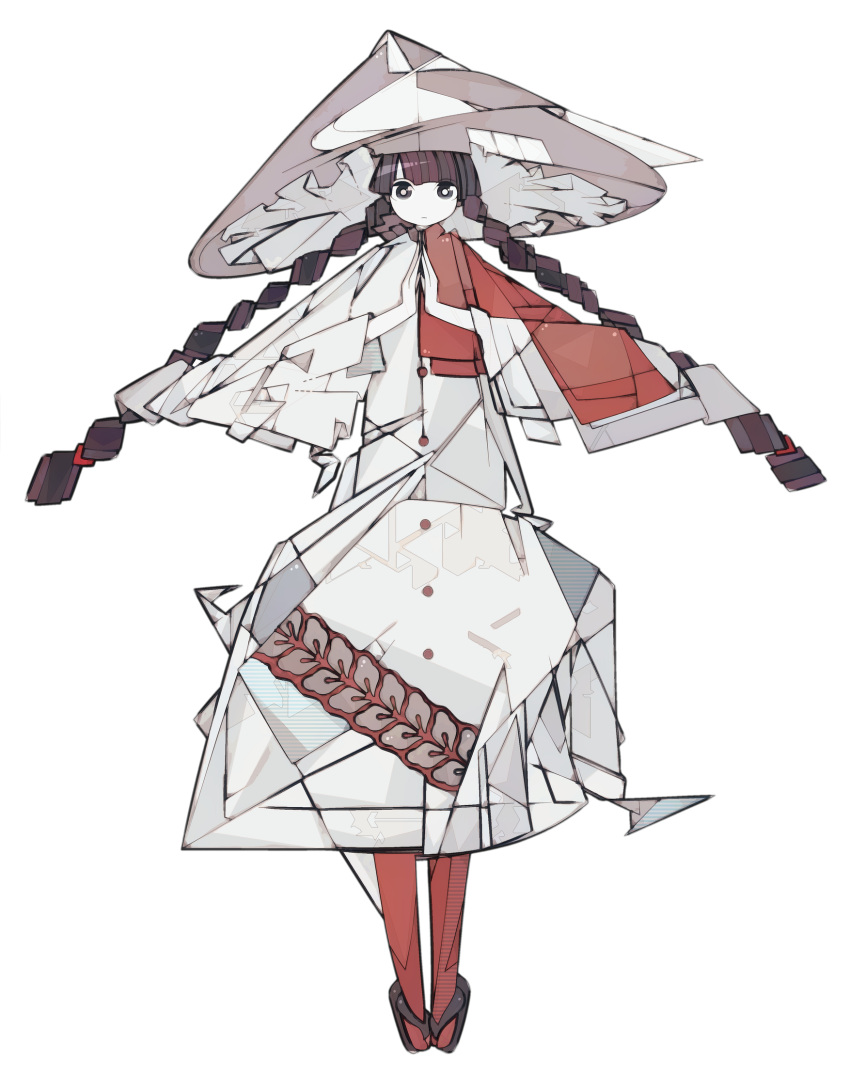 1girl adapted_costume ajirogasa bangs black_hair blunt_bangs braid brown_headwear buttons capelet cubism dress full_body harano_kaguyama hat highres looking_at_viewer own_hands_together palms_together red_legwear sandals solo standing tiptoes touhou twin_braids white_background white_dress yatadera_narumi
