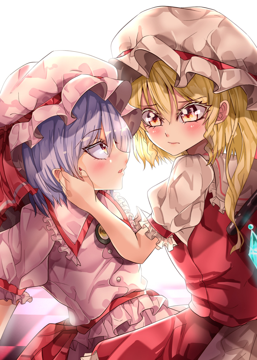 2girls absurdres back_bow backlighting blonde_hair blurry blurry_background blush bow brooch checkered_floor closed_mouth collared_shirt commentary_request crystal dress_shirt eyebrows_visible_through_hair fingernails flandre_scarlet frilled_shirt frilled_shirt_collar frilled_skirt frilled_sleeves frills glowing glowing_wings hair_between_eyes hand_on_another's_cheek hand_on_another's_face hat hat_ribbon highres jewelry long_hair looking_at_another maboroshi_mochi mob_cap multiple_girls nail_polish open_mouth orange_eyes pink_headwear pink_shirt puffy_short_sleeves puffy_sleeves purple_hair red_bow red_nails red_ribbon red_skirt red_vest remilia_scarlet ribbon sharp_fingernails shirt short_hair short_sleeves side_ponytail skirt touhou vest white_bow white_headwear white_shirt wings yellow_brooch