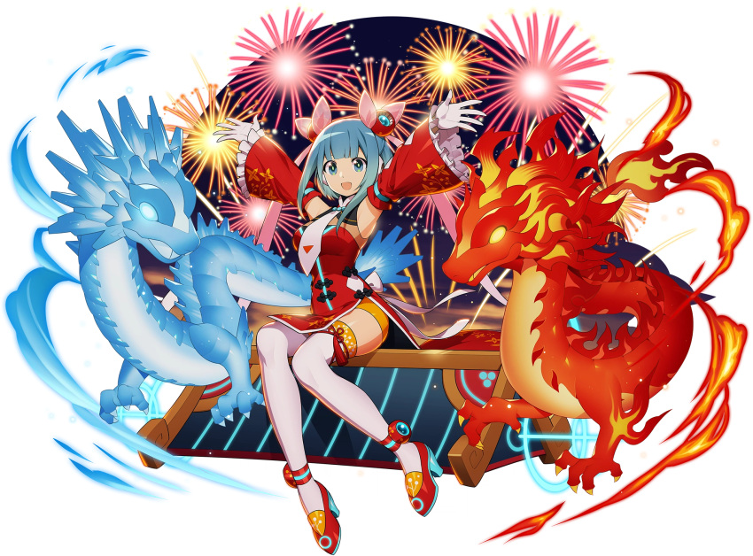 1girl android armpits arms_up bangs blue_eyes blue_hair breasts chinese_clothes detached_sleeves dragon dragon_horns dress eastern_dragon fireworks frills full_body gloves hair_ornament high_heels highres horns medium_breasts mega_man_(series) mega_man_x_(series) mega_man_x_dive mizuno_keisuke necktie official_art open_mouth rico_(mega_man) robot_ears shiny shiny_hair shiny_skin short_dress shorts simple_background sitting smile solo thigh-highs thighs white_gloves wide_sleeves
