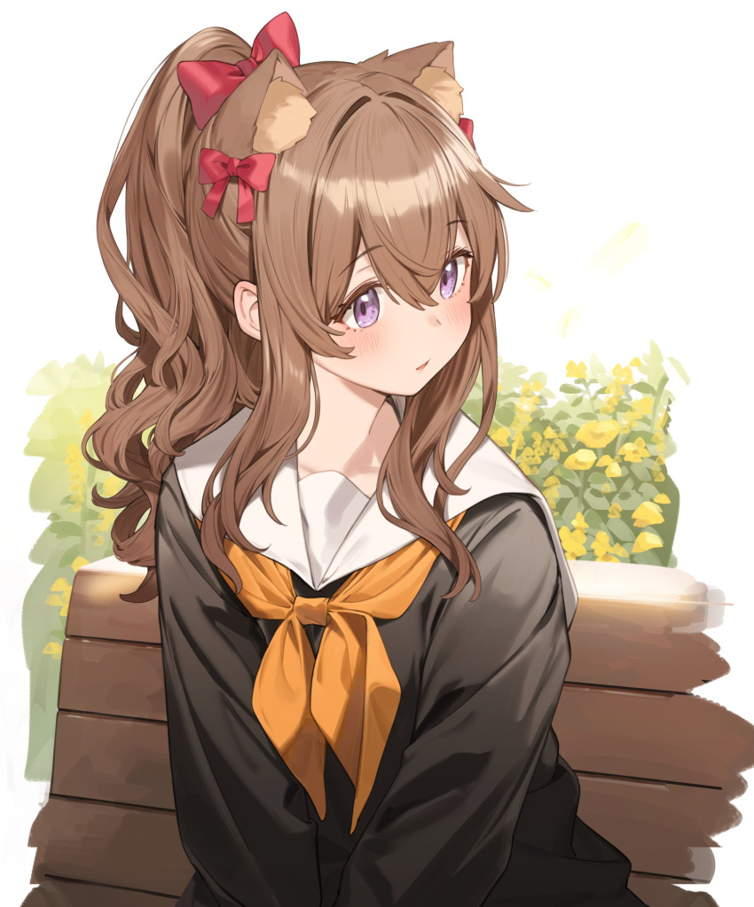 1girl animal_ear_fluff animal_ears bangs black_shirt blush bow brown_hair extra_ears eyebrows_visible_through_hair hair_between_eyes hair_bow highres long_hair looking_at_viewer looking_away looking_to_the_side neckerchief nyum on_bench open_mouth original parted_lips red_bow sailor_collar shirt sidelocks solo upper_body violet_eyes white_sailor_collar yellow_neckerchief
