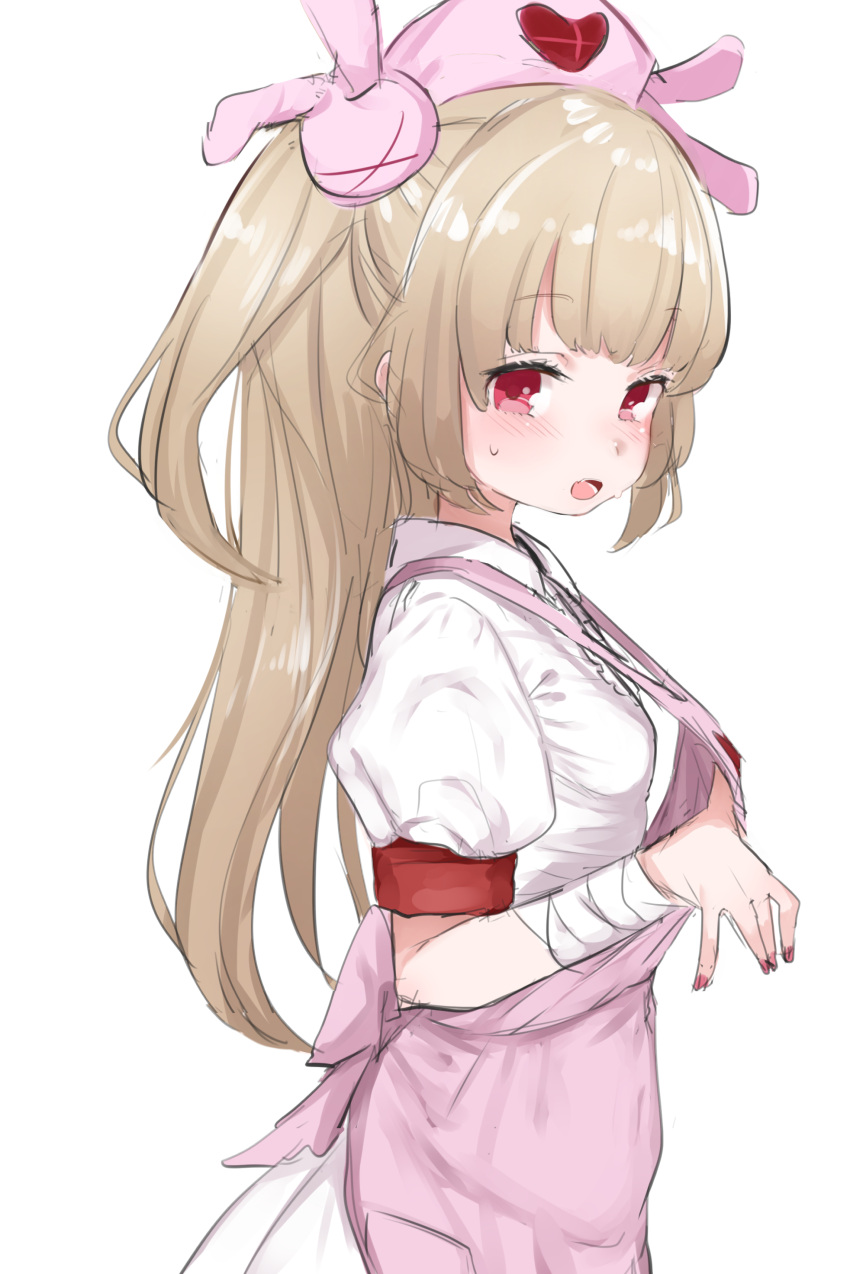1girl absurdres apron blonde_hair blush dress fingernails from_side hat highres long_hair looking_at_viewer looking_to_the_side nail_polish natori_sana nurse_cap open_mouth pink_apron pink_nails puffy_short_sleeves puffy_sleeves red_eyes sana_channel short_sleeves simple_background solo two_side_up utsusumi_kio white_background white_dress