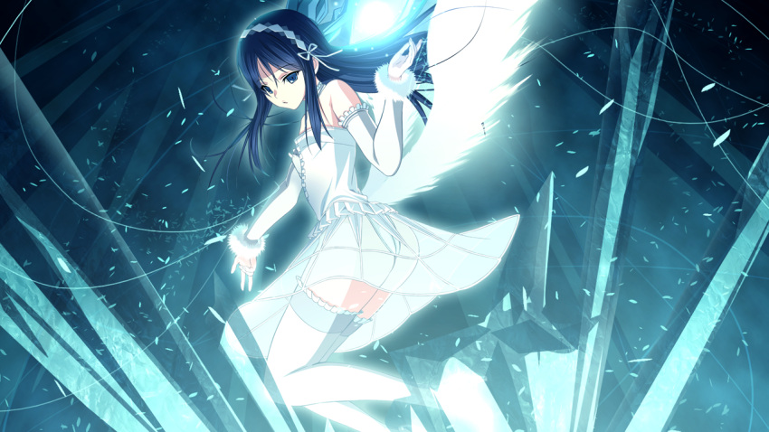 1girl bangs blue_eyes blue_hair detached_sleeves dress eyebrows_visible_through_hair floating_hair frilled_legwear frilled_sleeves frills fur-trimmed_sleeves fur_trim game_cg hair_between_eyes hair_ribbon hairband long_hair long_sleeves m&amp;m open_mouth panties ribbon satet_(verethragna_seisen_no_duelist) see-through short_dress solo strapless strapless_dress thigh-highs underwear verethragna_seisen_no_duelist very_long_hair white_dress white_hairband white_legwear white_panties white_ribbon white_sleeves