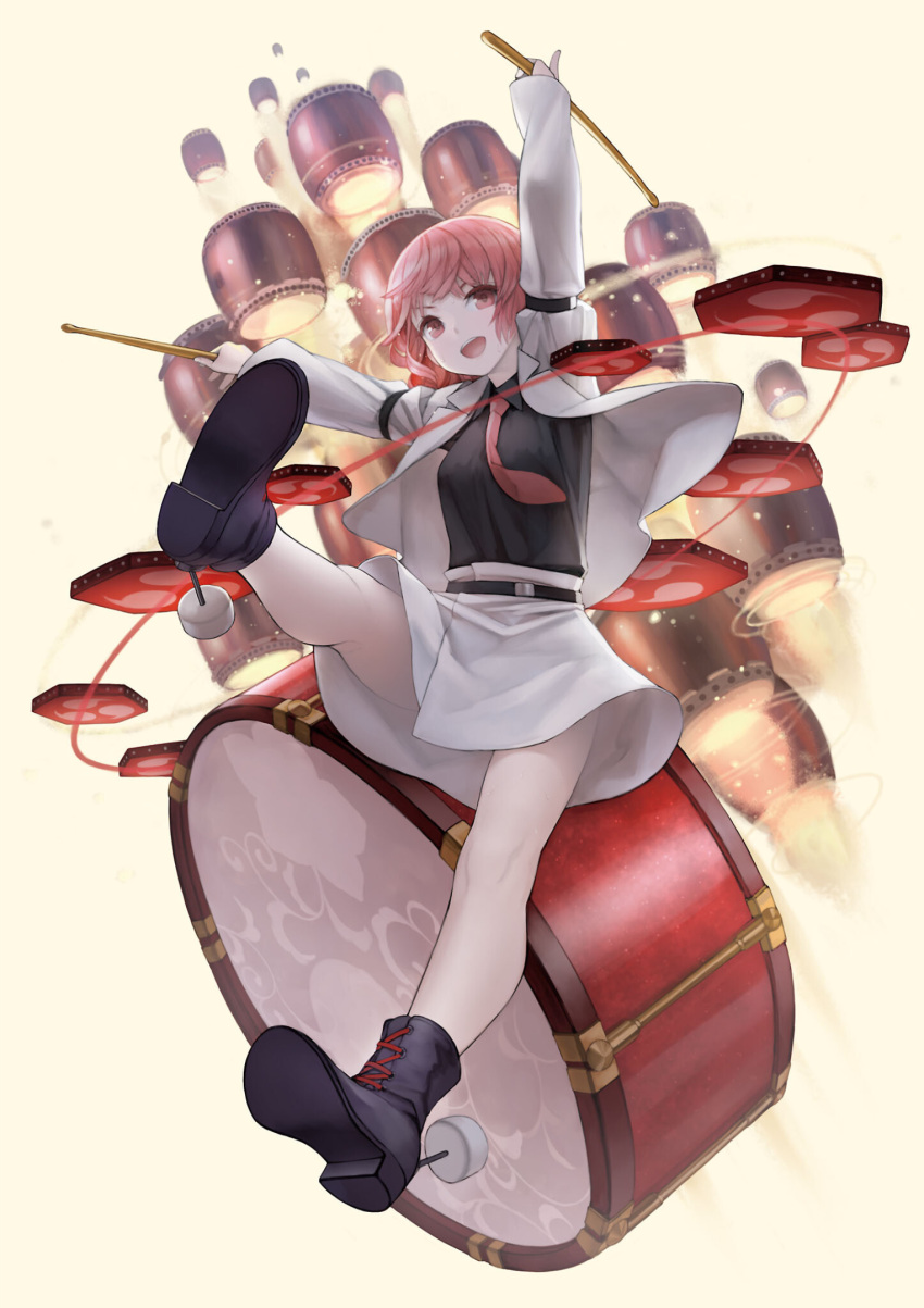 1girl :d arm_strap black_footwear black_shirt cross-laced_footwear drum drumsticks highres horikawa_raiko instrument jacket masakichi_(mmw) necktie official_art pink_eyes pink_hair red_necktie shirt short_hair skirt smile solo strange_creators_of_outer_world taiko_drum third-party_source touhou white_jacket white_skirt