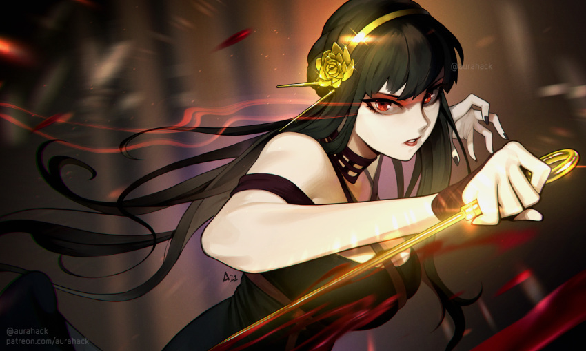 1girl aurahack black_dress black_hair black_nails blood blood_on_weapon breasts choker dagger dress flower gold_hairband hair_flower hair_ornament holding holding_dagger holding_weapon knife large_breasts long_dress looking_at_viewer pale_skin red_eyes reverse_grip rose_hair_ornament short_hair_with_long_locks solo spy_x_family weapon yor_briar