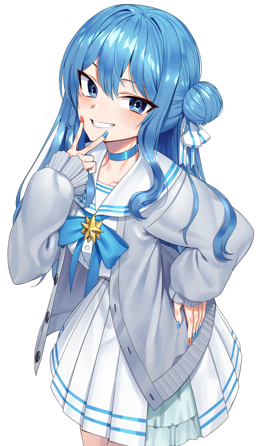 1girl absurdres bangs blue_bow blue_choker blue_eyes blue_hair blue_nails blush bow cardigan choker commentary_request eyebrows_visible_through_hair goback grey_cardigan grin hair_between_eyes hair_bun hand_on_hip hand_up highres hololive hoshimachi_suisei long_hair long_sleeves looking_at_viewer multicolored_nails nail_polish open_cardigan open_clothes orange_nails pleated_skirt puffy_long_sleeves puffy_sleeves sailor_collar school_uniform serafuku shirt side_bun simple_background skirt sleeves_past_wrists smile solo standing v_over_mouth very_long_hair virtual_youtuber white_background white_sailor_collar white_serafuku white_shirt white_skirt