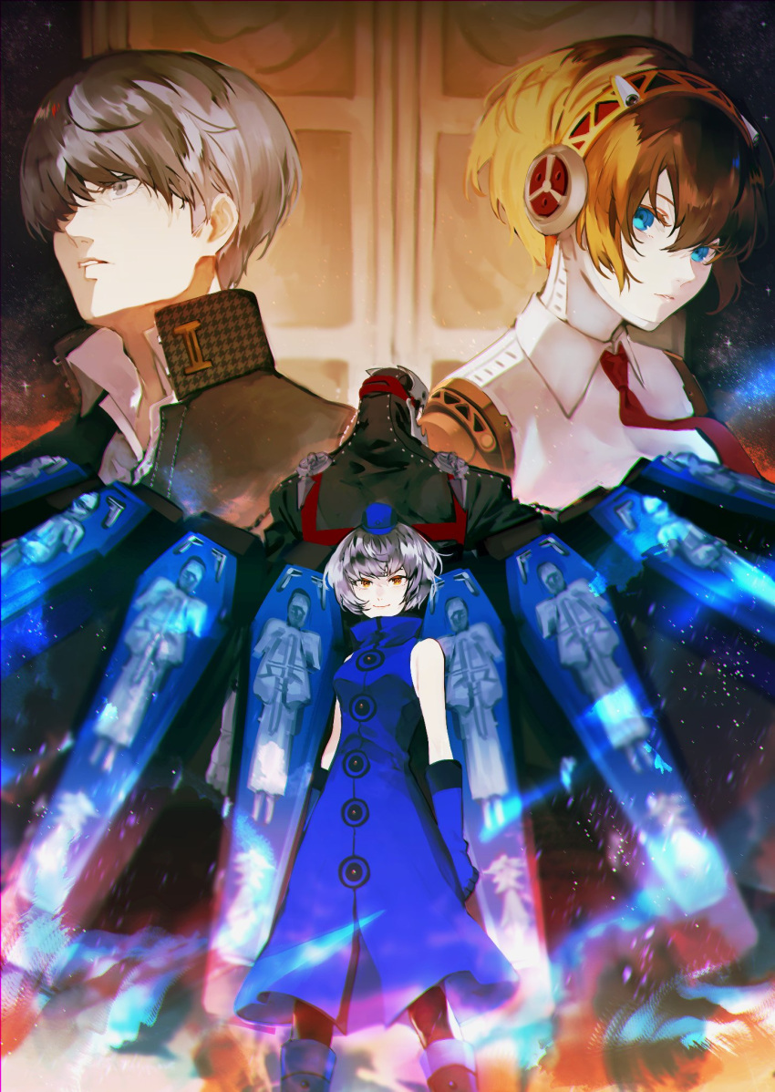 1boy 2girls aegis_(persona) android bare_shoulders blonde_hair blue_fire blue_gloves book boots chain collared_shirt detached_collar door dress elizabeth_(persona) fire flame gloves grey_hair hand_on_own_chest hat headphones highres looking_at_viewer lor_(roasyerizyonirapi) multiple_girls narukami_yuu necktie night night_sky parted_lips persona persona_3 persona_4 red_necktie school_uniform shirt short_hair sky sleeveless smile space star_(sky) starry_sky thanatos_(persona) white_hair yasogami_school_uniform yellow_eyes
