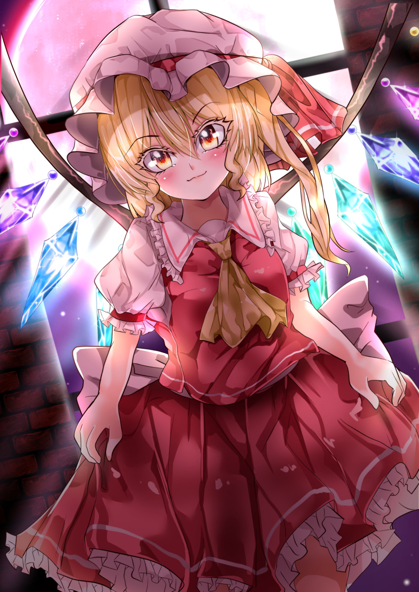 1girl absurdres ascot back_bow blonde_hair blush bow breasts closed_mouth collared_shirt commentary_request cowboy_shot crystal eyebrows_visible_through_hair flandre_scarlet frilled_shirt_collar frilled_skirt frilled_sleeves frills glowing glowing_wings hair_between_eyes hat hat_ribbon head_tilt highres looking_at_viewer maboroshi_mochi medium_hair mob_cap moon puffy_short_sleeves puffy_sleeves red_moon red_ribbon red_skirt red_vest ribbon shirt short_sleeves skirt skirt_set small_breasts smile solo touhou vest white_bow white_headwear white_shirt window wings yellow_ascot