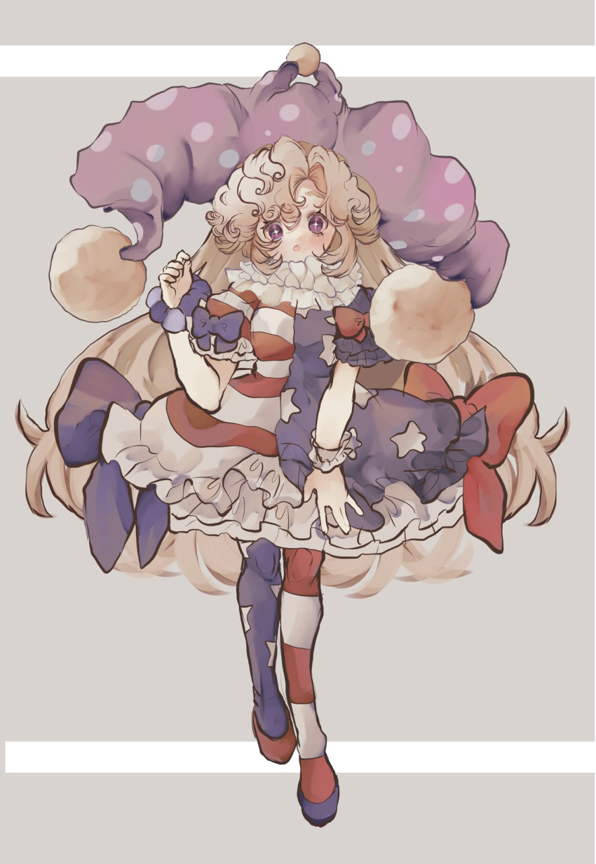 +_+ 1girl :o american_flag_dress american_flag_legwear arm_up asymmetrical_footwear bangs blonde_hair bow breasts clownpiece collar collared_dress cuffs curly_hair dress frilled_collar frilled_dress frills hat highres inkopiko jester_cap large_hat long_hair looking_at_viewer medium_breasts medium_dress mismatched_footwear open_mouth oversized_clothes pantyhose patterned_clothing polka_dot pom_pom_(clothes) short_sleeves sleeve_bow solo standing standing_on_one_leg star_(symbol) star_print striped striped_legwear symbol-shaped_pupils touhou very_long_hair violet_eyes