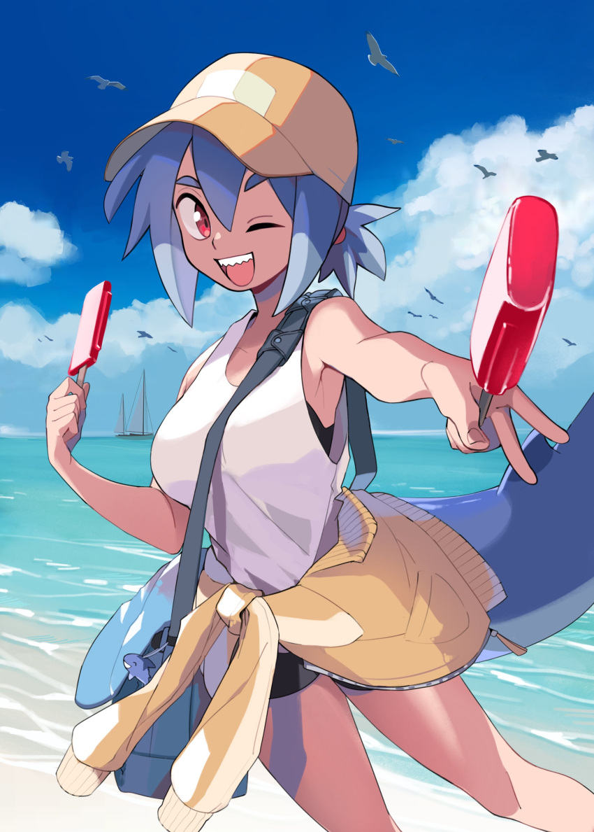 1girl absurdres azuumori bag beach bird blue_hair blue_sky boat breasts clouds cloudy_sky fish_tail food hat highres horizon looking_at_viewer medium_breasts multicolored_hair one_eye_closed open_mouth original outdoors popsicle red_eyes sailboat shark_girl shark_girl_(azuumori) shark_tail shoulder_bag sky smile solo tail tank_top watercraft white_tank_top