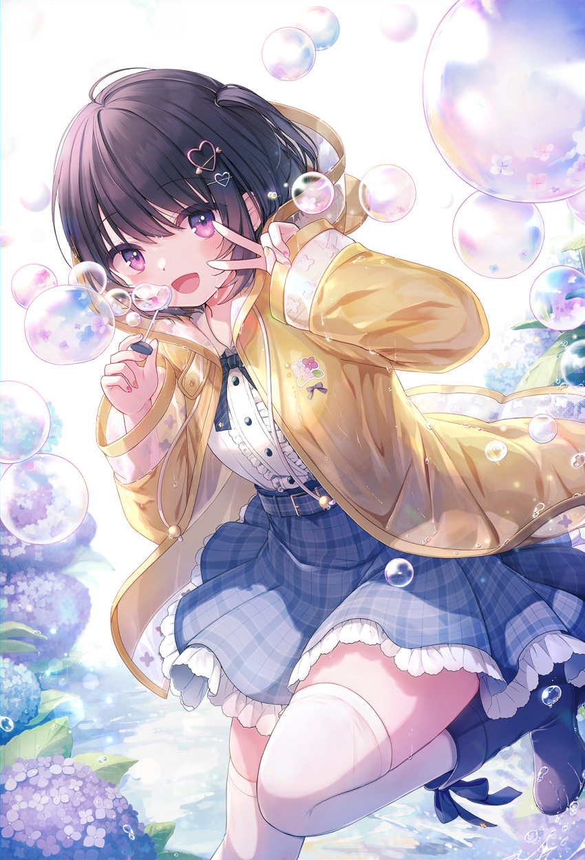 after_rain bangs black_hair blue_ribbon blue_skirt boots bubble buttons coat eyebrows_visible_through_hair flower foot_up frilled_skirt frills hair_ornament hand_up heart heart_hair_ornament highres hood hood_down hooded_coat hydrangea kagachi_saku light_blush long_sleeves medium_hair open_clothes open_coat open_mouth original outdoors pleated_skirt puddle raincoat ribbon rubber_boots shirt side_ponytail simple_background skirt soap_bubbles thigh-highs v violet_eyes water wet wet_clothes white_legwear white_shirt yellow_coat