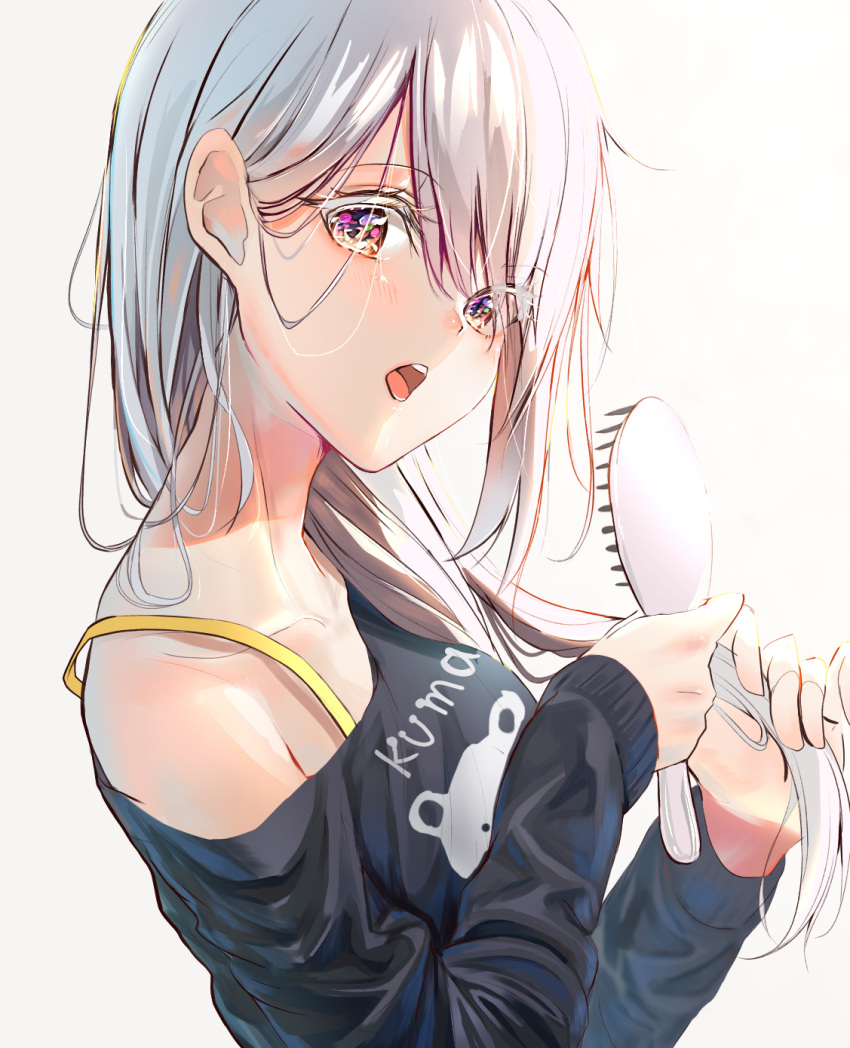 1girl bare_shoulders comb combing from_side grey_hair highres holding holding_comb kinoruru_toiro light looking_at_viewer looking_to_the_side messy_hair morning open_mouth original pajamas simple_background solo violet_eyes white_background