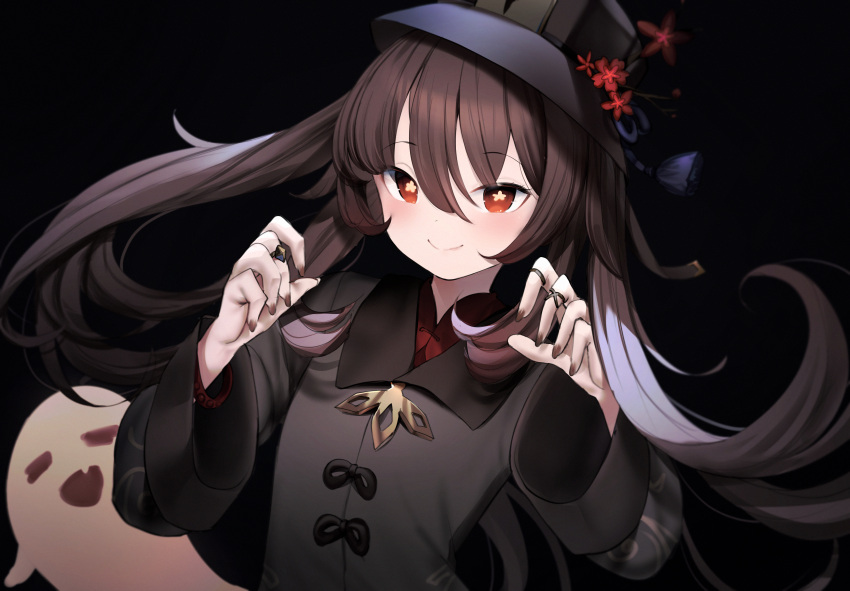 1girl absurdres arknights bangs black_background blush brown_hair brown_nails chinese_clothes eyebrows_visible_through_hair fingernails flower flower-shaped_pupils ghost hair_between_eyes hat hat_flower highres hu_tao_(genshin_impact) jewelry long_fingernails long_hair looking_at_viewer multiple_rings nail_polish red_eyes red_flower ring simple_background solo somray symbol-shaped_pupils tassel twintails upper_body very_long_hair