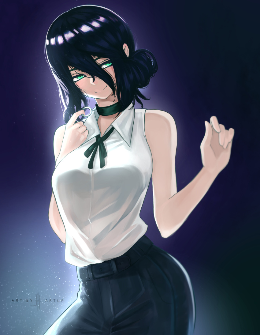 1girl absurdres artist_name bangs bare_arms black_hair black_pants black_ribbon chainsaw_man closed_mouth collared_shirt dress_shirt green_eyes hair_between_eyes highres j._artur looking_at_viewer neck_ribbon pants purple_background reze_(chainsaw_man) ribbon shiny shiny_hair shirt sleeveless sleeveless_shirt smile solo standing white_shirt wing_collar