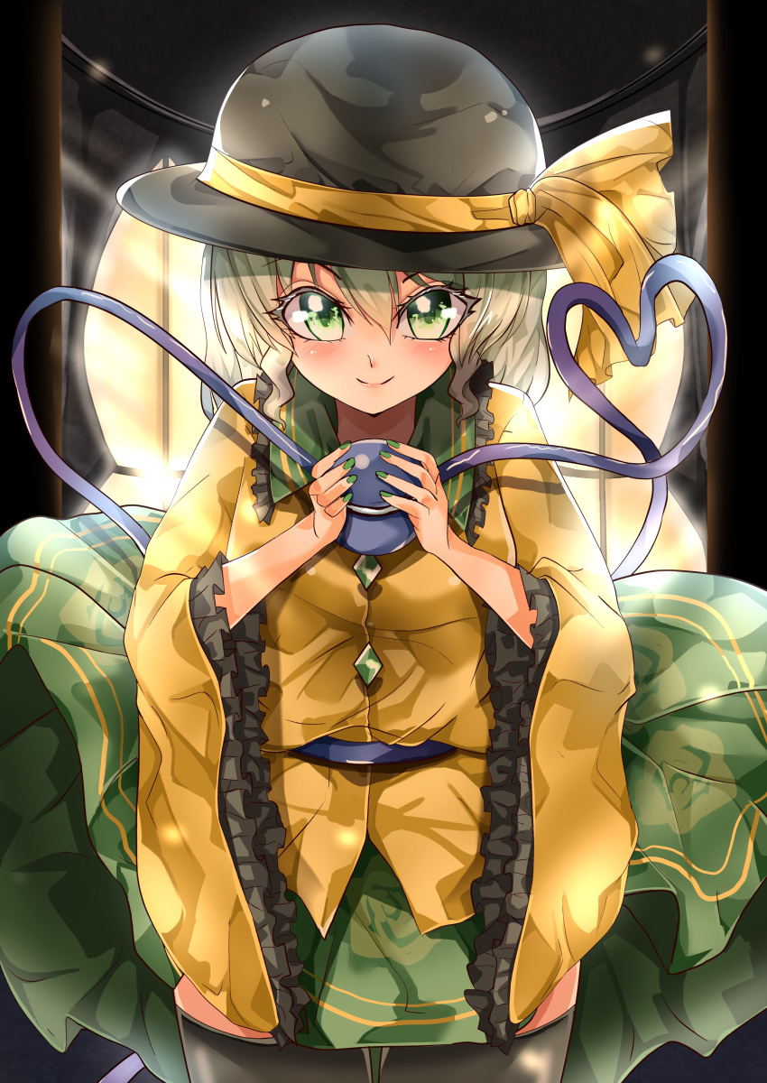 1girl absurdres black_headwear black_legwear breasts closed_mouth commentary_request cowboy_shot eyeball floral_print frilled_shirt_collar frilled_sleeves frills green_eyes green_hair green_nails green_skirt hair_between_eyes hat hat_ribbon heart heart_of_string highres holding komeiji_koishi long_sleeves looking_at_viewer maboroshi_mochi medium_hair nail_polish print_skirt ribbon rose_print shirt skirt small_breasts smile solo thigh-highs third_eye touhou wide_sleeves yellow_ribbon yellow_shirt