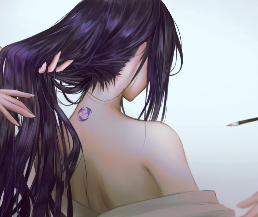 1girl dressing expansion_(pixiv76138286) facing_away from_behind genshin_impact hairdressing hand_in_another's_hair holding_another's_hair long_hair makeup_brush mitsudomoe_(shape) nape neck_tattoo off_shoulder out_of_frame purple_hair raiden_shogun shiny shiny_hair shoulder_blades simple_background solo_focus tattoo tomoe_(symbol) upper_body