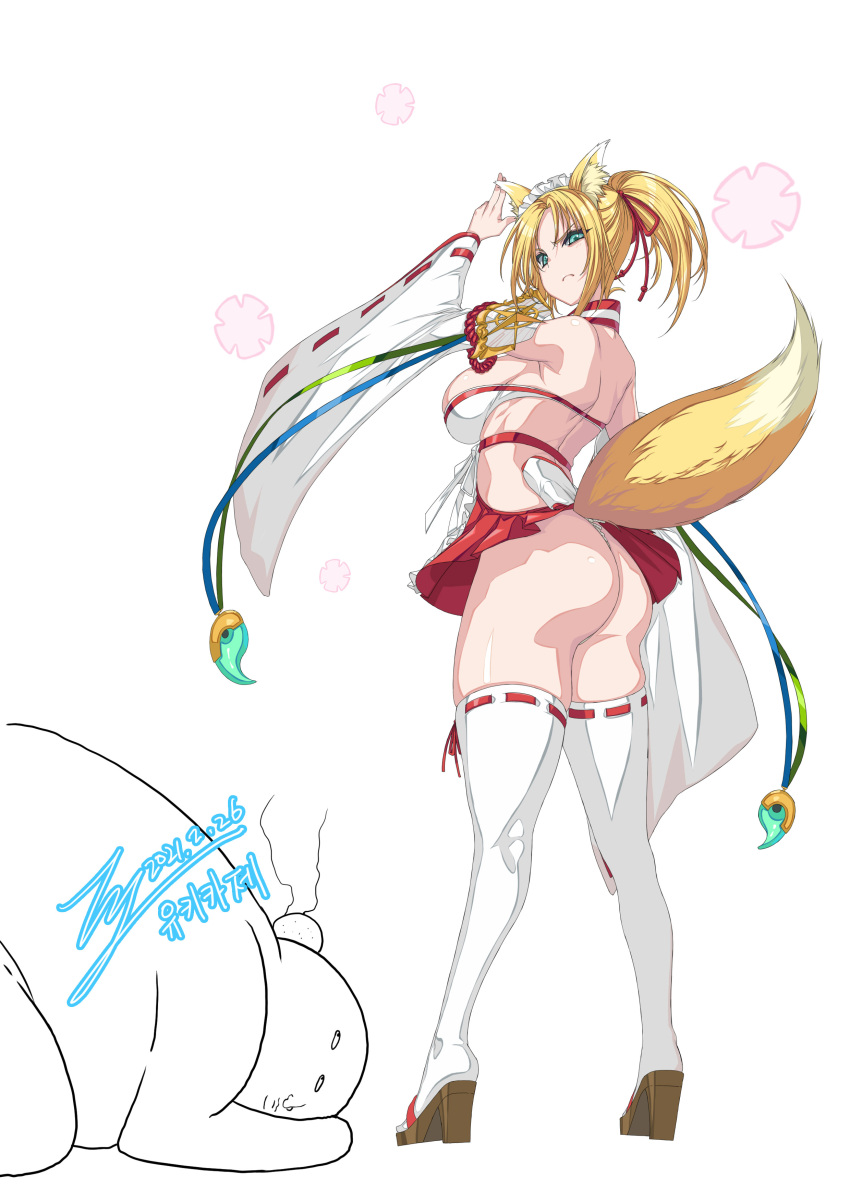 1girl absurdres animal_ears apron ass bangs bare_shoulders blonde_hair breasts commentary detached_sleeves dog_days forehead fox_ears fox_girl fox_tail frilled_apron frilled_skirt frills frown full_body fundoshi geta green_eyes hair_ornament hair_ribbon hand_up head_bump high_heels highres japanese_clothes large_breasts legs_apart long_sleeves looking_at_another looking_back maid_headdress nontraditional_miko parted_bangs rantia red_ribbon red_skirt ribbon sideboob signature simple_background skirt standing tail thigh-highs thighs v-shaped_eyebrows white_background white_legwear wide_sleeves yukikaze_panettone