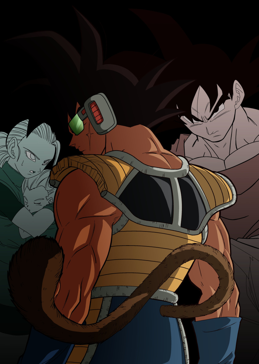 1girl 3boys absurdres armor bardock black_background black_outline blue_armband blue_pants broken_armor brown_fur dragon_ball dragon_ball_super english_commentary from_behind granolah_(dragon_ball) highres iamthetrev light looking_to_the_side male_focus monkey_tail muezli_(dragon_ball) multiple_boys muscular muscular_male outline pants red_wristband saiyan_armor scar scar_on_cheek scar_on_face scouter serious shoulder_armor simple_background solo_focus son_goku spiky_hair tail wristband