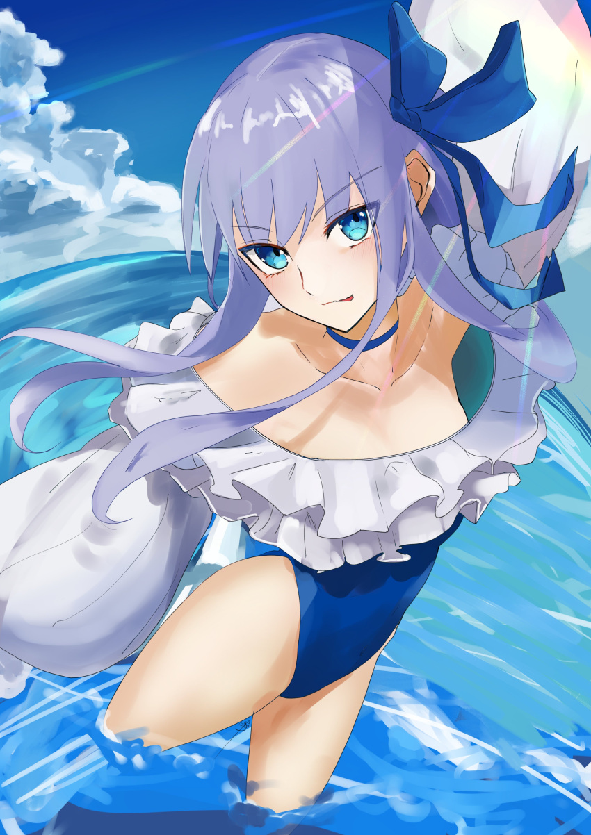 1girl absurdres aya_roushi bangs bare_shoulders blue_eyes blue_ribbon blue_sky blush breasts choker collarbone fate/grand_order fate_(series) frills hair_ribbon highleg highleg_swimsuit highres long_hair long_sleeves looking_at_viewer meltryllis_(fate) meltryllis_(swimsuit_lancer)_(fate) ocean off-shoulder_one-piece_swimsuit off_shoulder one-piece_swimsuit puffy_sleeves purple_hair ribbon sky sleeves_past_fingers sleeves_past_wrists small_breasts smile solo swimsuit thighs tongue tongue_out very_long_hair wading white_ribbon
