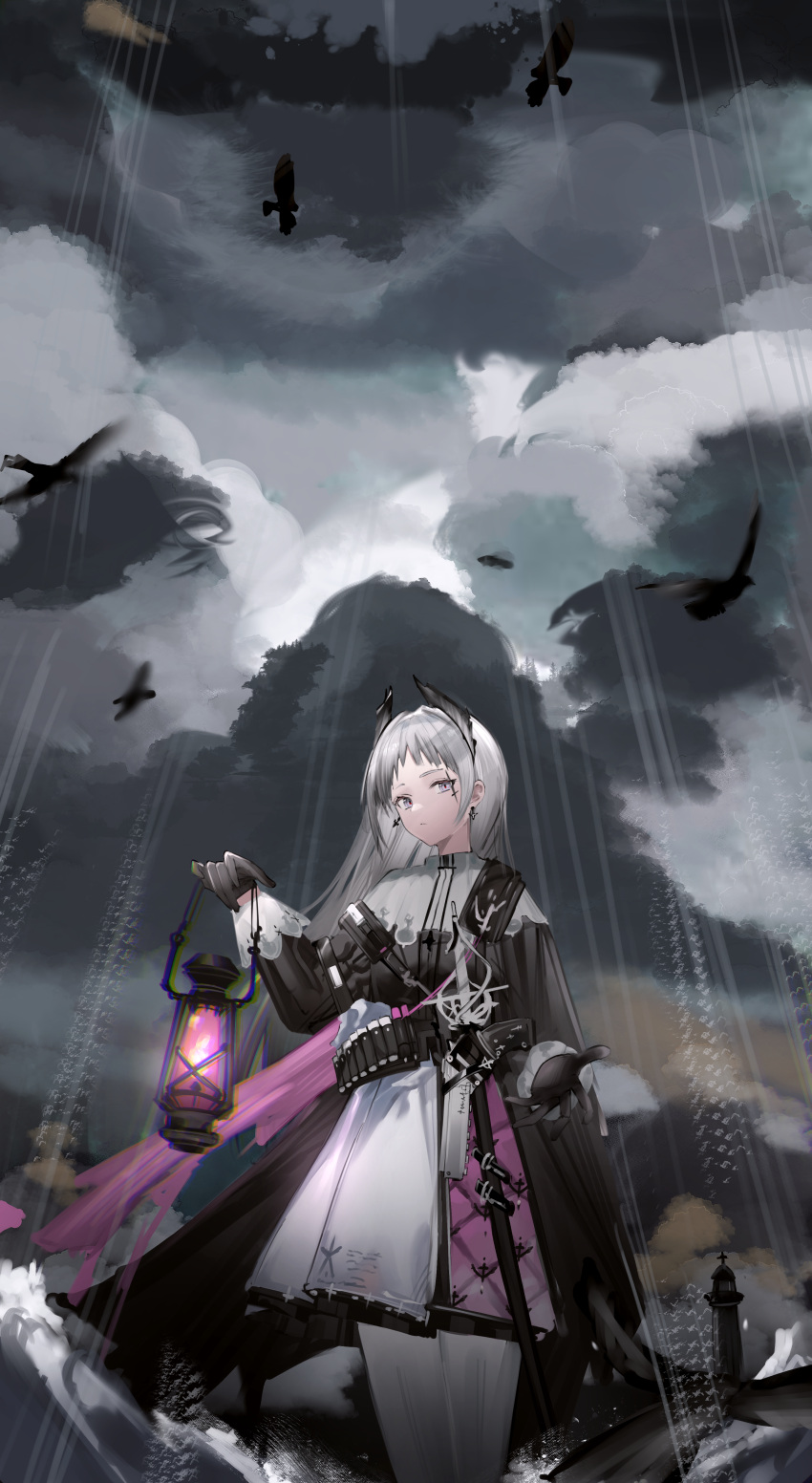 1girl absurdres ammunition arknights bird black_gloves black_jacket closed_mouth clouds cloudy_sky cowboy_shot crow day earrings eugle_na expressionless fire gloves gun head_wings highres holding holding_lantern irene_(arknights) jacket jewelry lantern layered_skirt lighthouse long_sleeves looking_at_viewer outdoors outstretched_hand pantyhose pink_fire puffy_long_sleeves puffy_sleeves purple_skirt rain scar scar_across_eye scar_on_face sheath sheathed silver_hair skirt sky solo sword violet_eyes water weapon white_legwear white_skirt