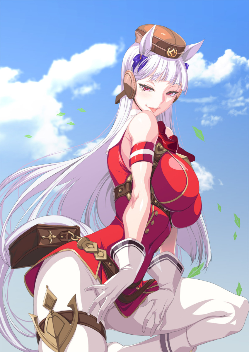 1girl :p animal_ears bag bangs bare_shoulders belt blunt_bangs boots breasts chain clouds commentary covered_navel ear_ornament eyebrows_visible_through_hair eyelashes gloves gold_ship_(umamusume) gold_trim hat high_heel_boots high_heels highres horse_ears horse_girl horse_tail knee_up large_breasts leaf looking_at_viewer outdoors rantia red_eyes shadow sky sleeveless solo tail thigh_strap thighs tongue tongue_out umamusume v-shaped_eyebrows white_footwear white_gloves white_hair white_legwear