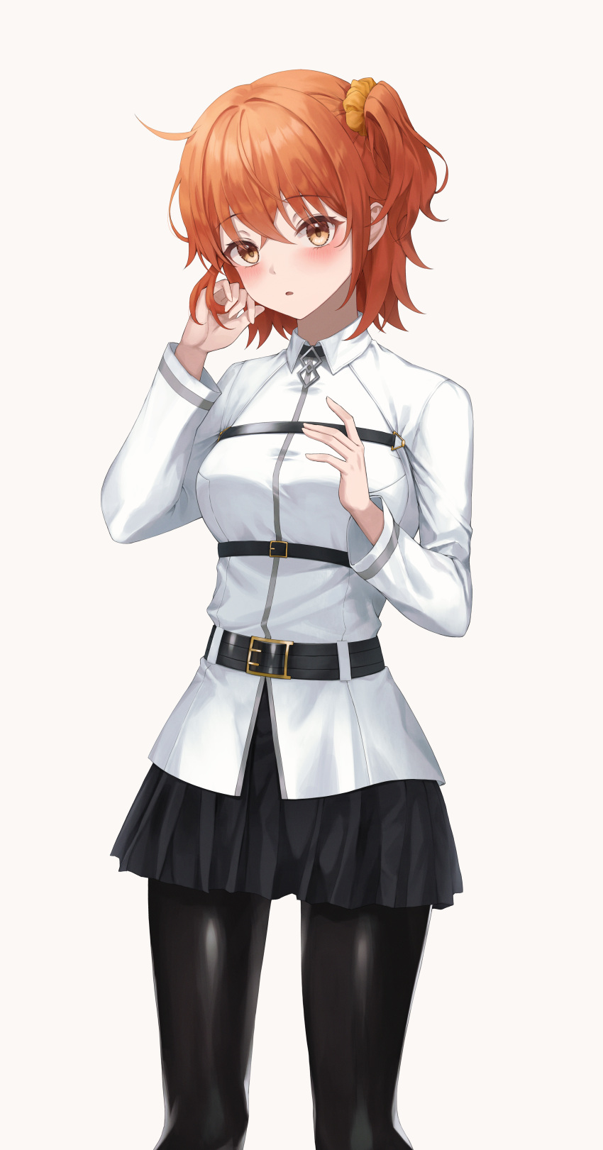 1girl absurdres bangs black_legwear black_skirt blush breasts chaldea_uniform fate/grand_order fate_(series) fujimaru_ritsuka_(female) hand_in_own_hair highres long_sleeves looking_at_viewer one_side_up orange_hair pantyhose shirt side_ponytail skirt solo uniform white_background white_shirt yellow_eyes yeorem