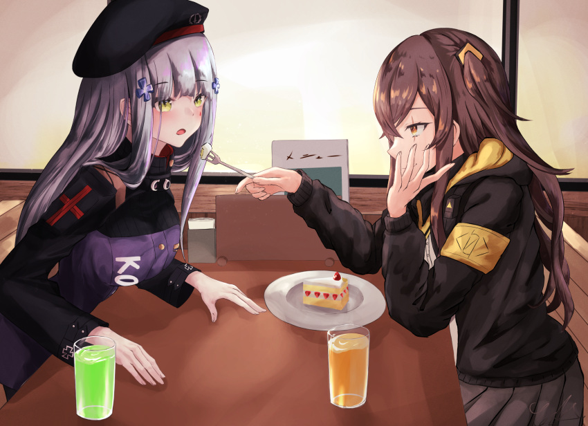 2girls :o armband beret black_jacket black_skirt brown_hair cake cake_slice chair cup drink drinking_glass eyebrows_visible_through_hair food fork girls_frontline green_eyes hair_ornament hand_on_own_face hat highres hk416_(girls'_frontline) jacket long_hair military_jacket multiple_girls one_side_up plate scar scar_across_eye shirt silver_hair skirt table teardrop_facial_mark teardrop_tattoo ump45_(girls'_frontline) white_shirt x_hair_ornament yellow_eyes yoshi-j