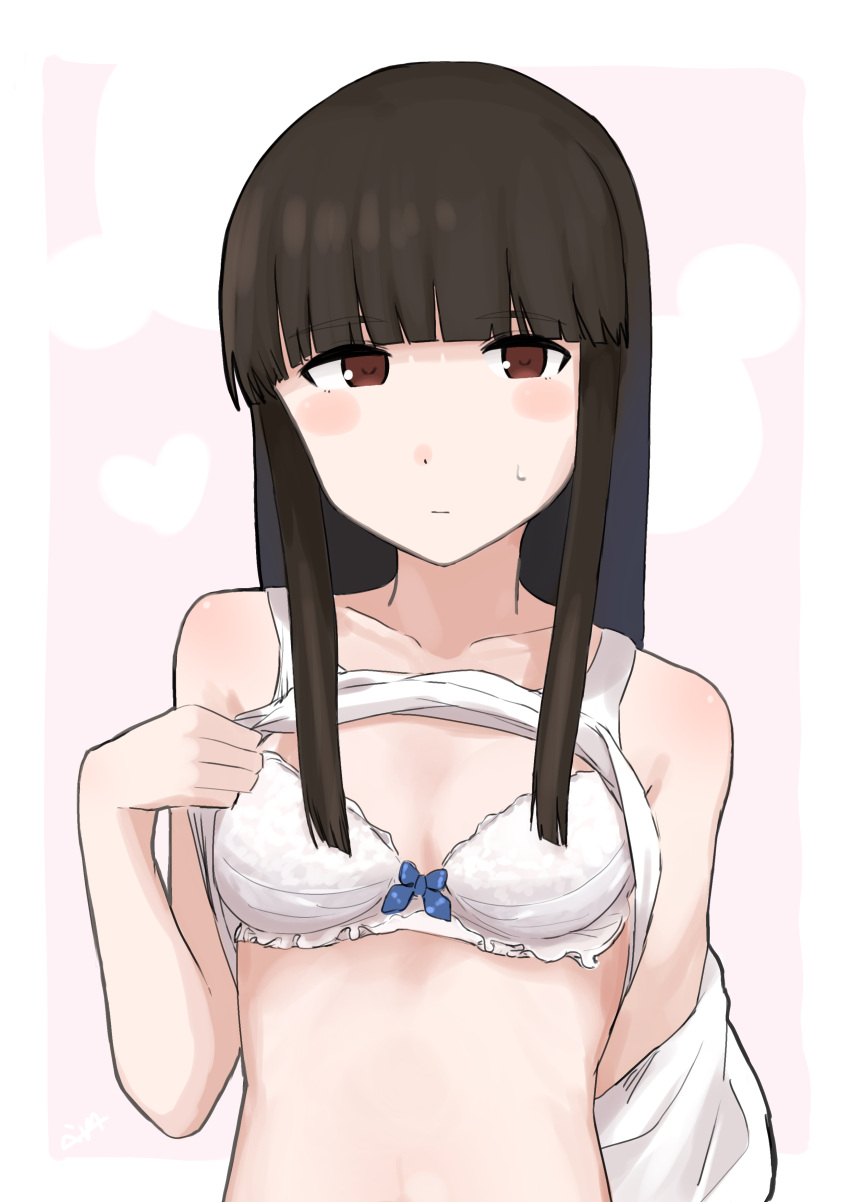 1girl 4me_4ma absurdres bangs black_hair blunt_bangs blush bra breasts brown_eyes closed_mouth hatsuyuki_(kancolle) heart highres hime_cut kantai_collection long_hair looking_at_viewer sidelocks simple_background small_breasts solo sweat tank_top two-tone_background underwear upper_body white_bra white_tank_top