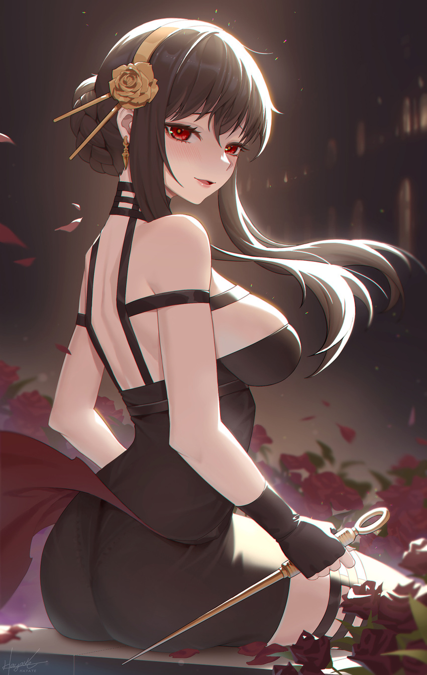 1girl ass backlighting black_dress black_gloves black_hair blush braid braided_bun breasts brown_hair dagger dark_background dress earrings falling_petals fingerless_gloves floating_hair flower from_side gloves gold_hairband highres holding holding_dagger holding_weapon jewelry knife large_breasts leaf98k long_hair looking_at_viewer looking_to_the_side open_mouth panties pantylines petals red_eyes red_flower red_rose reverse_grip rose rose_hair_ornament rose_petals sidelocks signature sitting smile solo spikes spy_x_family thigh-highs thighs underwear weapon yor_briar zettai_ryouiki