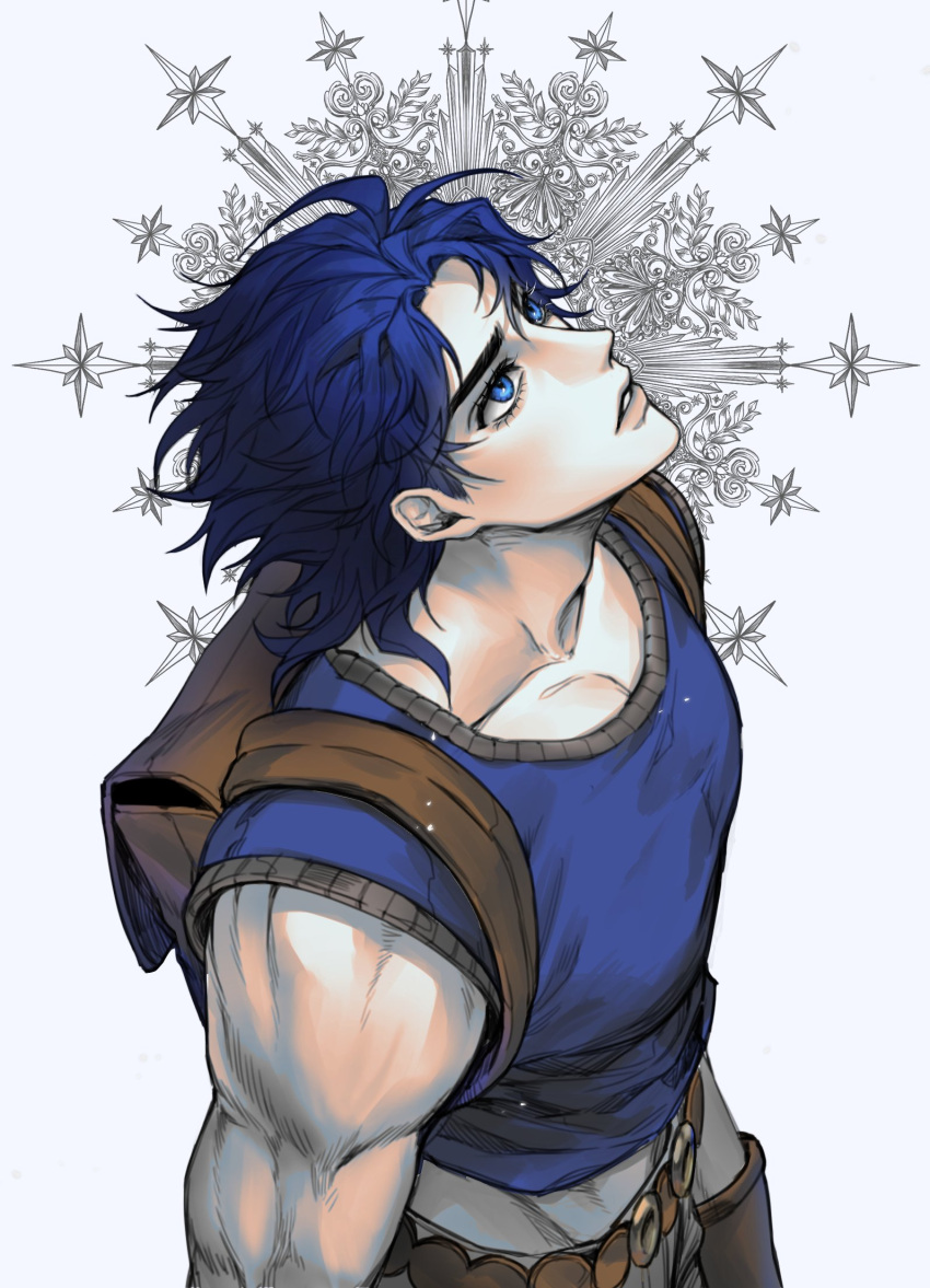 1boy backpack bag biceps blue_eyes blue_hair groin highres jojo_no_kimyou_na_bouken jonathan_joestar looking_up male_focus midriff_peek phantom_blood ranch_jjba short_sleeves solo sword weapon