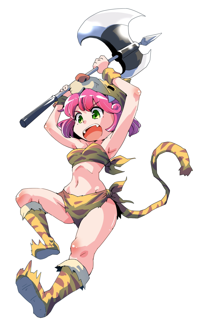 1girl absurdres animal_ears animal_print armpits axe berserker_(final_fantasy) breasts final_fantasy final_fantasy_v full_body green_eyes highres lenna_charlotte_tycoon open_mouth pink_hair shinapuu short_hair simple_background solo tail tiger_print weapon white_background