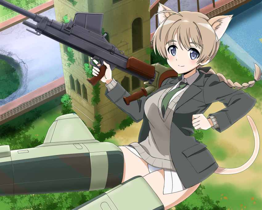 1girl ahoge animal_ears bangs blue_eyes bridge brown_hair cat_ears cat_tail day extra_ears eyebrows_visible_through_hair flying green_necktie gun highres holding holding_gun holding_weapon jacket kaneko_(novram58) looking_at_viewer lynette_bishop necktie no_pants open_clothes open_jacket outdoors panties pocket solo strike_witches striker_unit tail trigger_discipline underwear weapon white_panties wing_collar world_witches_series