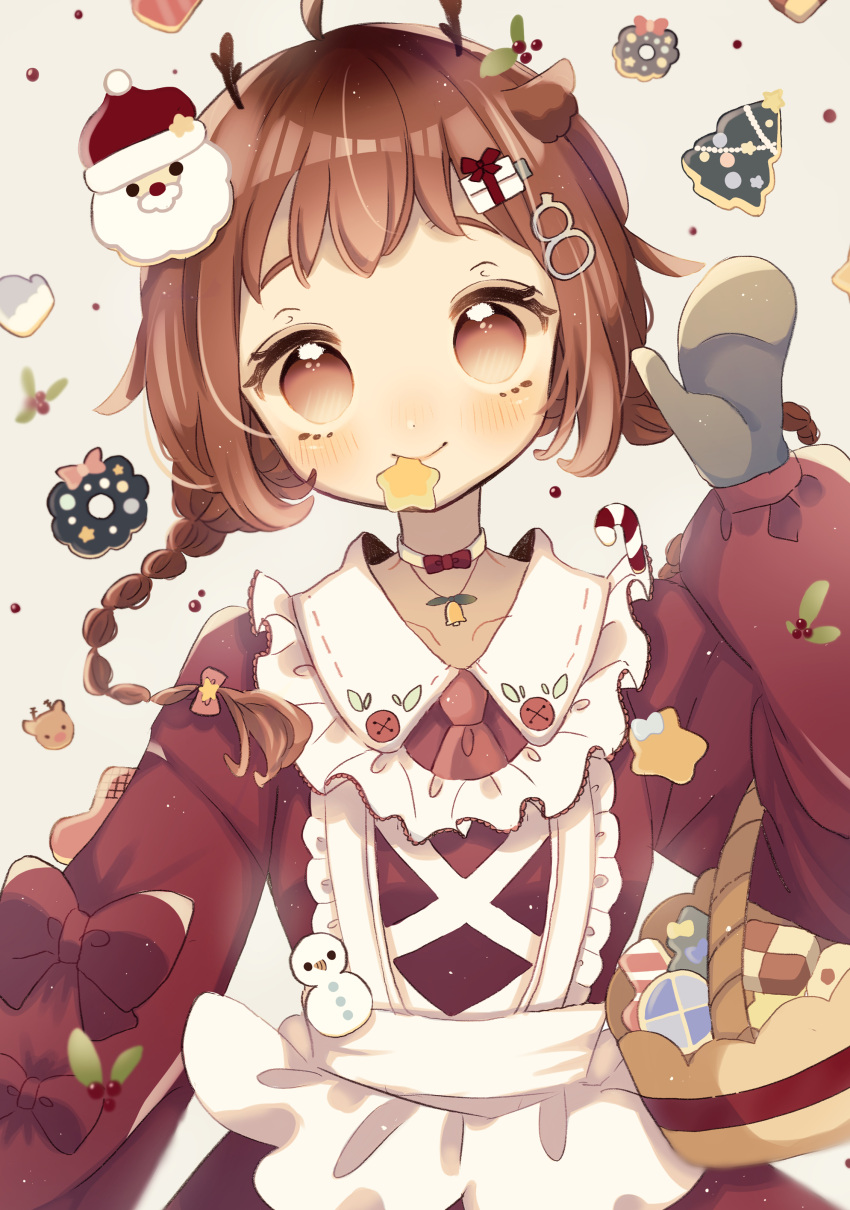 1girl absurdres animal_ears antlers apron arm_up ascot bangs basket blush braid brown_eyes choker christmas closed_mouth collared_dress cookie deer_ears dress food food_in_mouth frilled_apron frills hair_ornament hairclip hairpin highres jewelry long_hair long_sleeves looking_at_viewer mittens nagihoko necklace necktie original puffy_long_sleeves puffy_sleeves reindeer_antlers short_apron short_bangs sleeve_bow smile solo waving