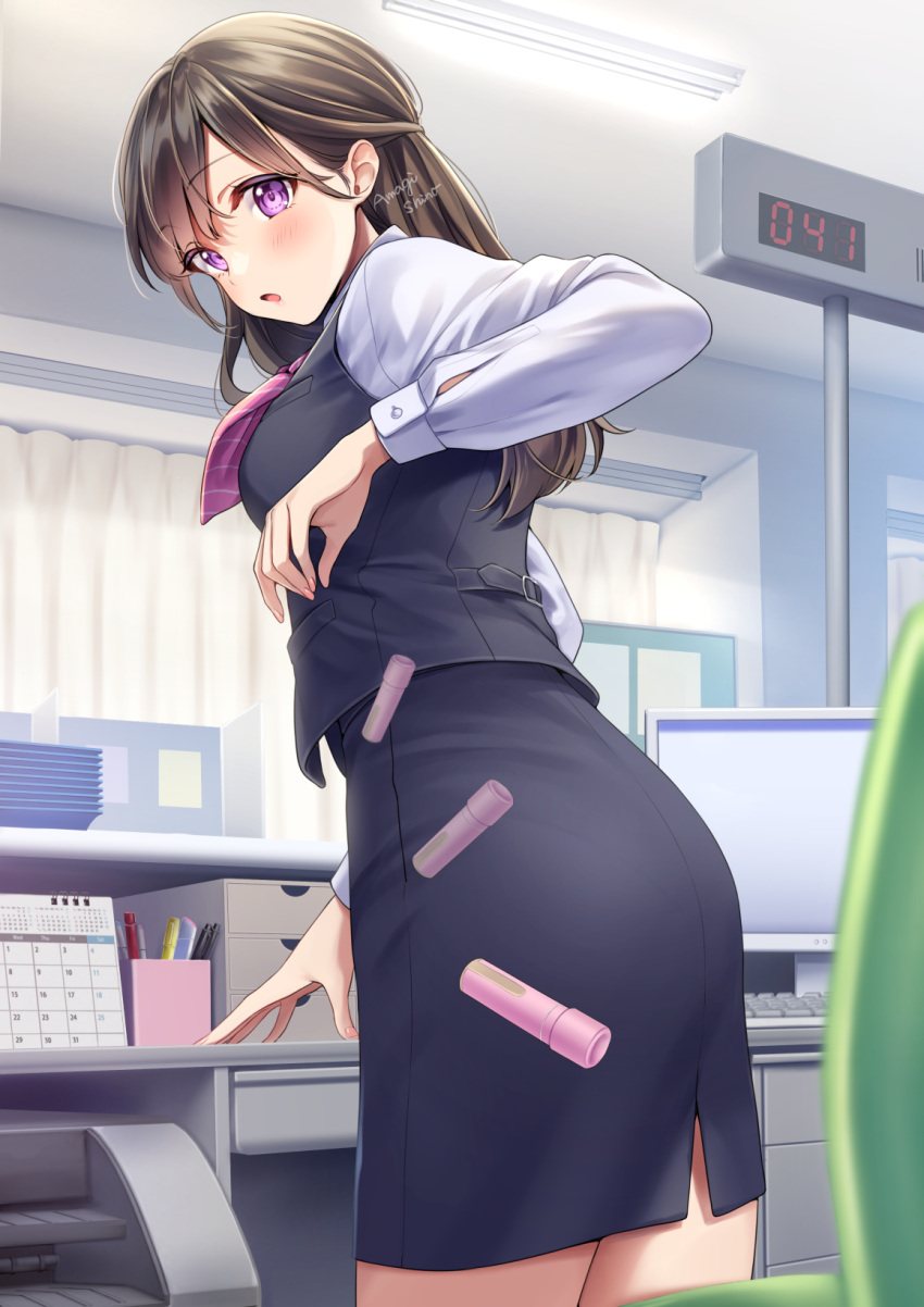 1girl amagi_shino artist_name blush brown_hair calendar_(object) commentary_request dropping eyelashes half_updo highres long_hair long_sleeves office office_lady original pencil_skirt receptionist_girl_(amagi_shino) shirt signature skirt solo standing surprised vest violet_eyes white_shirt