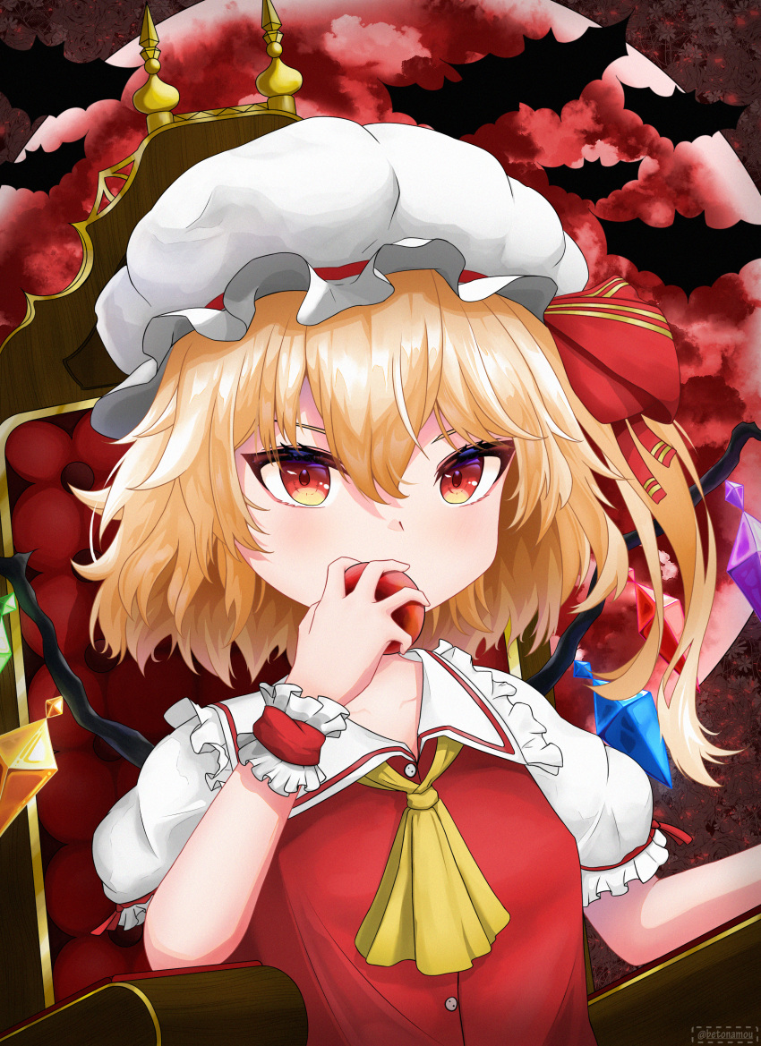 absurdres apple ascot betonamou blonde_hair crystal eating embodiment_of_scarlet_devil flandre_scarlet food frilled_shirt_collar frills fruit hat hat_ribbon highres holding holding_food holding_fruit medium_hair mob_cap one_side_up puffy_short_sleeves puffy_sleeves red_eyes red_ribbon red_vest ribbon self_upload shirt short_sleeves touhou vest white_headwear white_shirt wings wristband yellow_ascot