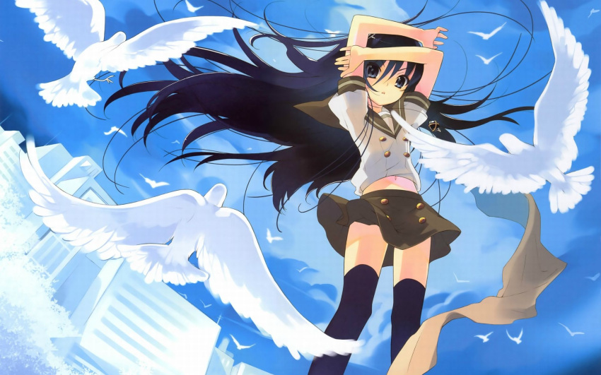 1girl artist_request bird black_hair building buttons character_request clouds cloudy_sky copyright_request eyebrows eyebrows_visible_through_hair highres long_hair looking_at_viewer non-web_source school_uniform sky solo source_request