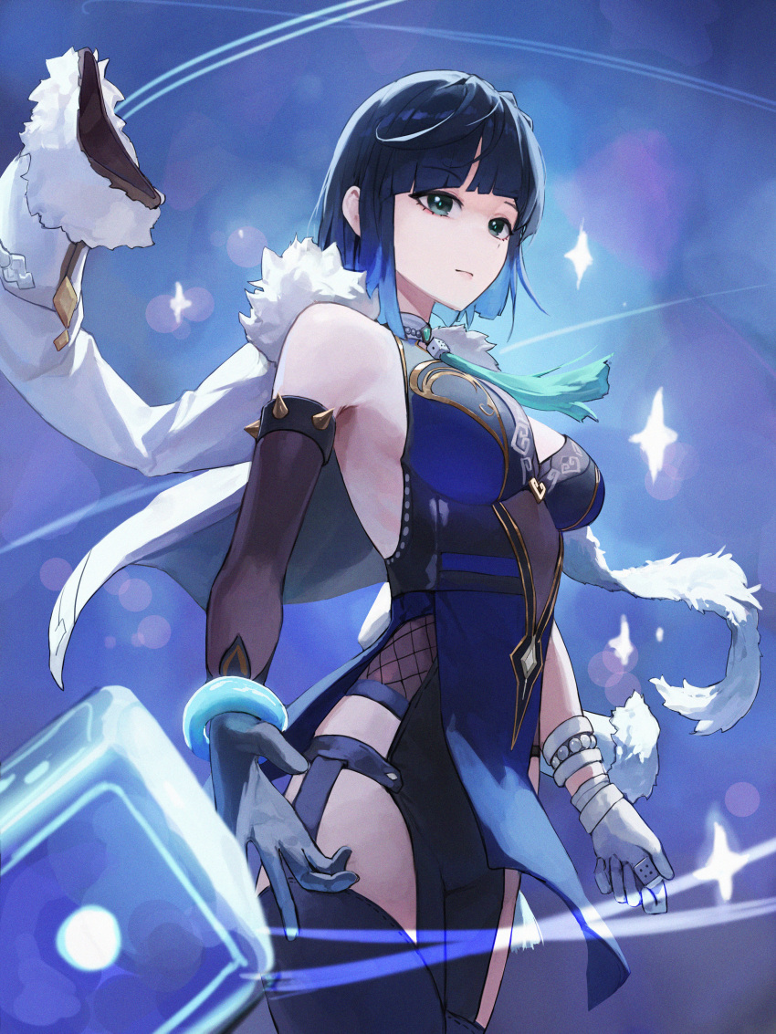 1girl absurdres armpit_peek asymmetrical_gloves bangs bare_shoulders black_gloves black_hair blue_background blue_hair bob_cut bracelet breasts closed_mouth commentary cowboy_shot diagonal_bangs dice dress elbow_gloves eyebrows_visible_through_hair fishnets floating floating_object fur-trimmed_jacket fur_trim genshin_impact gloves green_eyes highres holding holding_dice jacket jacket_on_shoulders jewelry large_breasts looking_to_the_side mac_star mismatched_gloves multicolored_hair short_hair side_slit sleeveless sleeveless_dress solo standing star_(symbol) tassel thigh-highs two-tone_hair white_gloves white_jacket yelan_(genshin_impact)