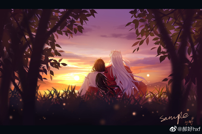 animal_ears black_hair clouds cloudy_sky dog_ears grass hao_hao_hxf highres inuyasha inuyasha_(character) japanese_clothes kikyou_(inuyasha) leaning_on_person long_hair miko ponytail sky sunset tree white_hair